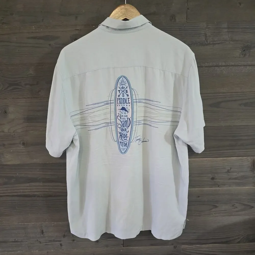 Tommy Bahama 100% Silk Surfboard Graphic Camp Shirt Men Medium Mint Blue